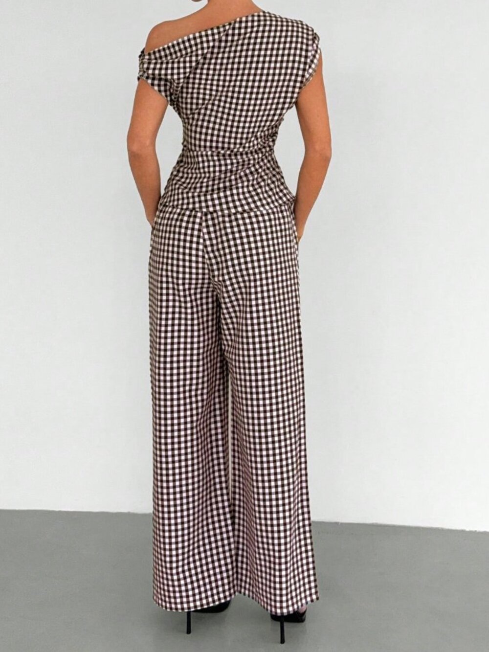 Brown Elegant Chic Plaid Women's One-Shoulder Peplum Top & Wide-Leg Pants Set - Picture 2 of 7